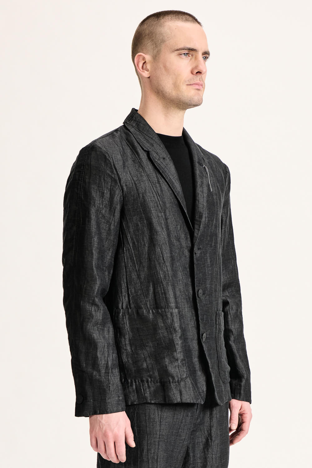 Wool/Linen Rayon Blend Mottled Finish Blazer Black