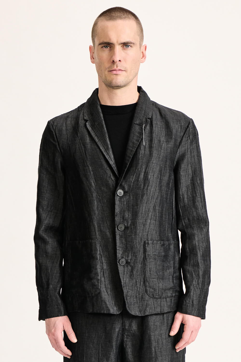 Wool/Linen Rayon Blend Mottled Finish Blazer Black
