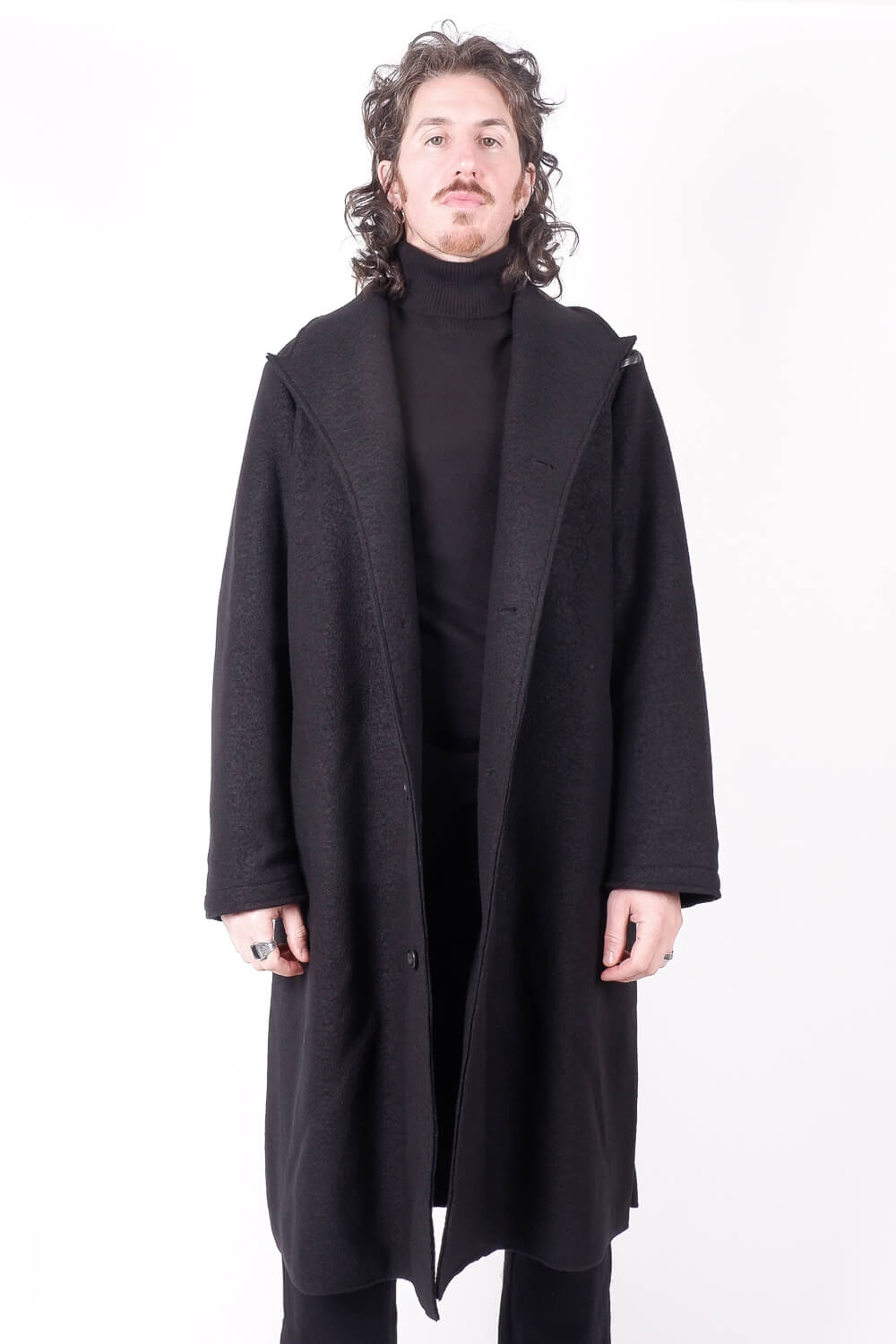 Wool Button-up Long Coat Black