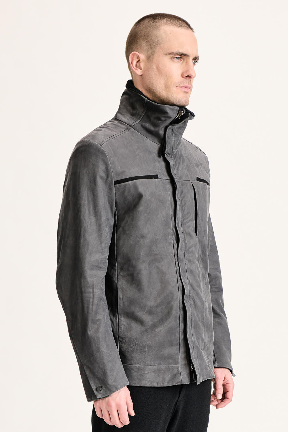 Wool Interior Lamb Leather Zip-Up Jacket Charcoal