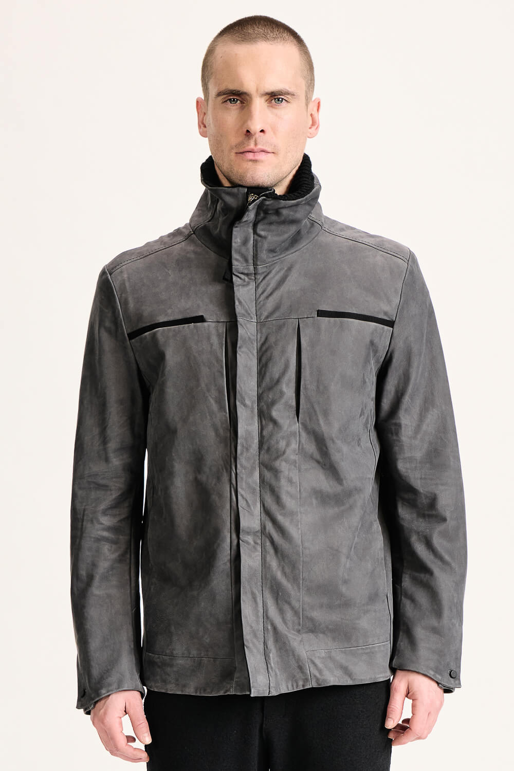Wool Interior Lamb Leather Zip-Up Jacket Charcoal
