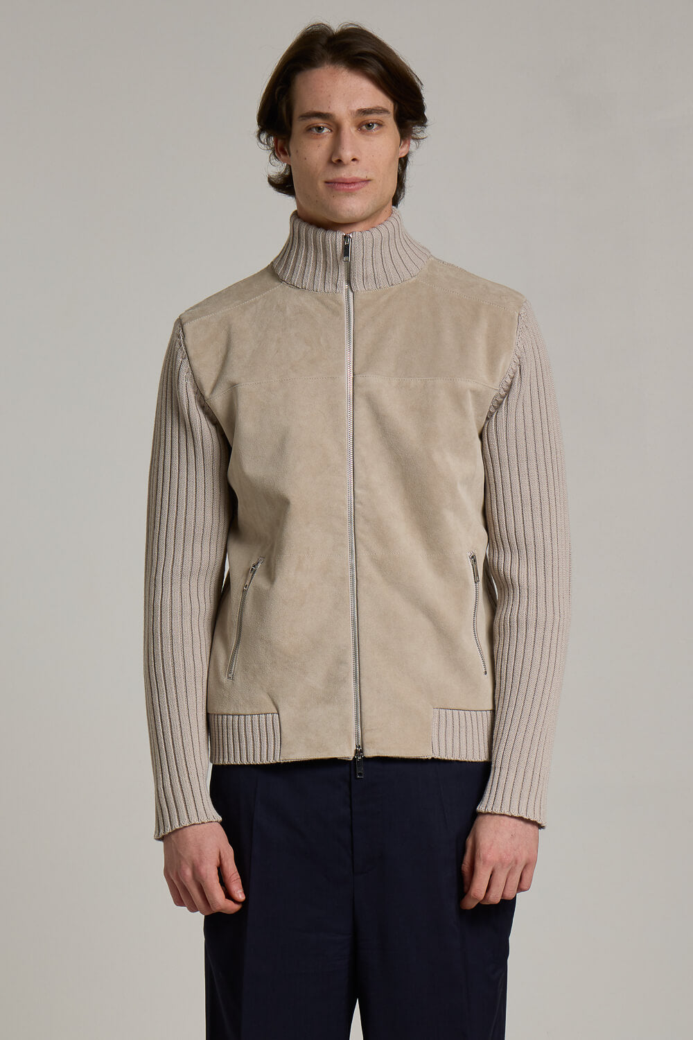 Zip-Up Suede Lana Merino Wool Bomber Jacket Light Grey