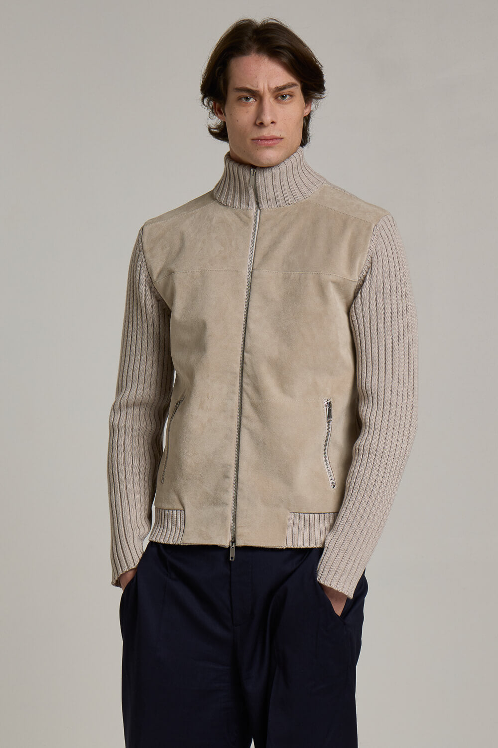 Zip-Up Suede Lana Merino Wool Bomber Jacket Light Grey