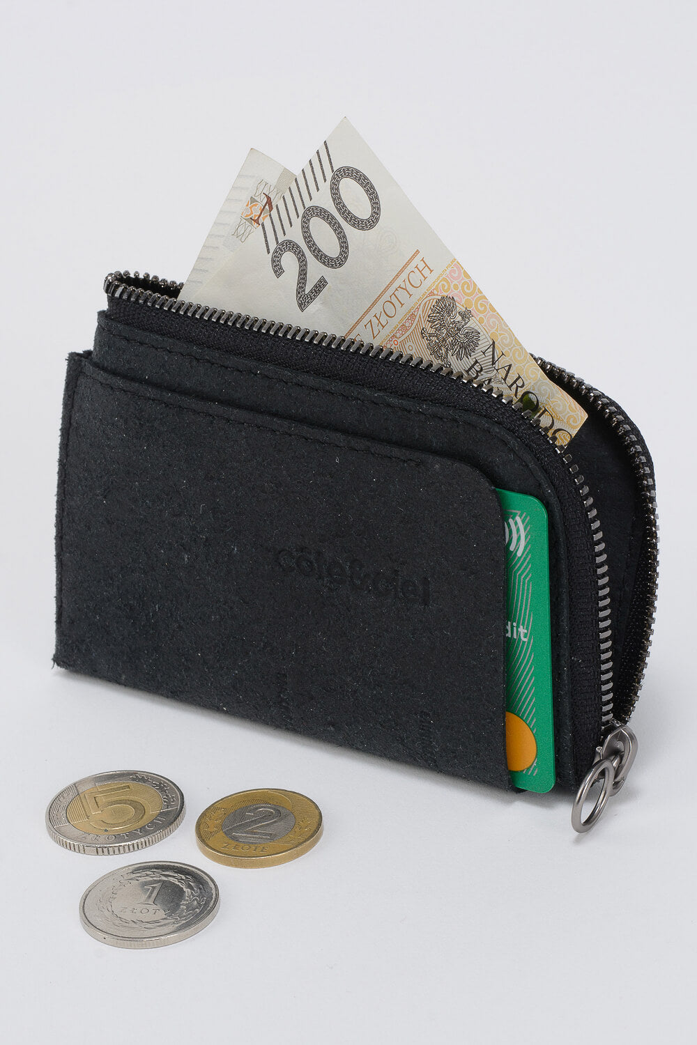 Zippered Recycled Leather Wallet Black